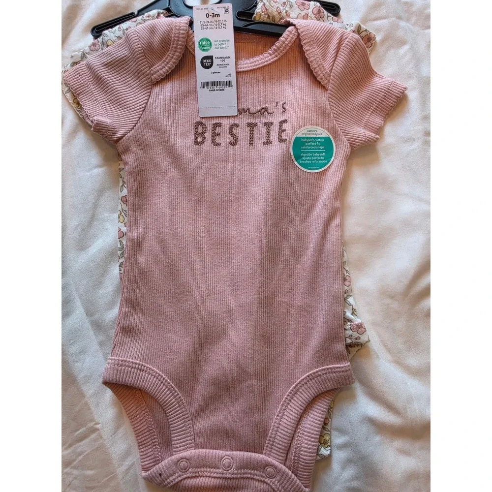 Child of Mine by Carters Baby Girls 3PK Bodysuits Pink Floral Mamas Bestie 0-3M